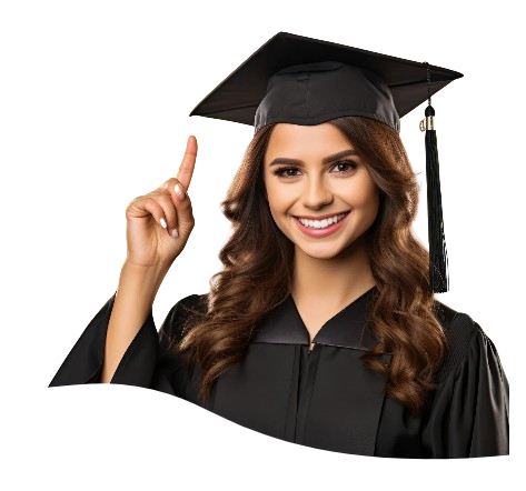 alt="Graduate in black cap and gown smiling and raising index finger, suggesting an idea or important point about education"